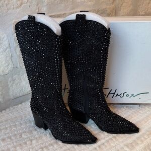 Betsey Johnson Black Crystal-Embellished Knee-High Western Boots